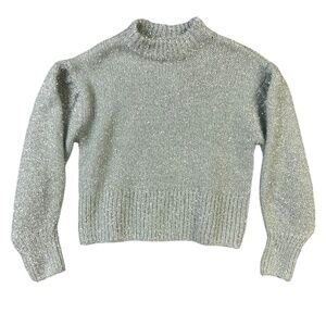 DIVIDED‎ H&M Small Green Silver Glitter Mock Neck Puff Sleeve Crop Sweater New